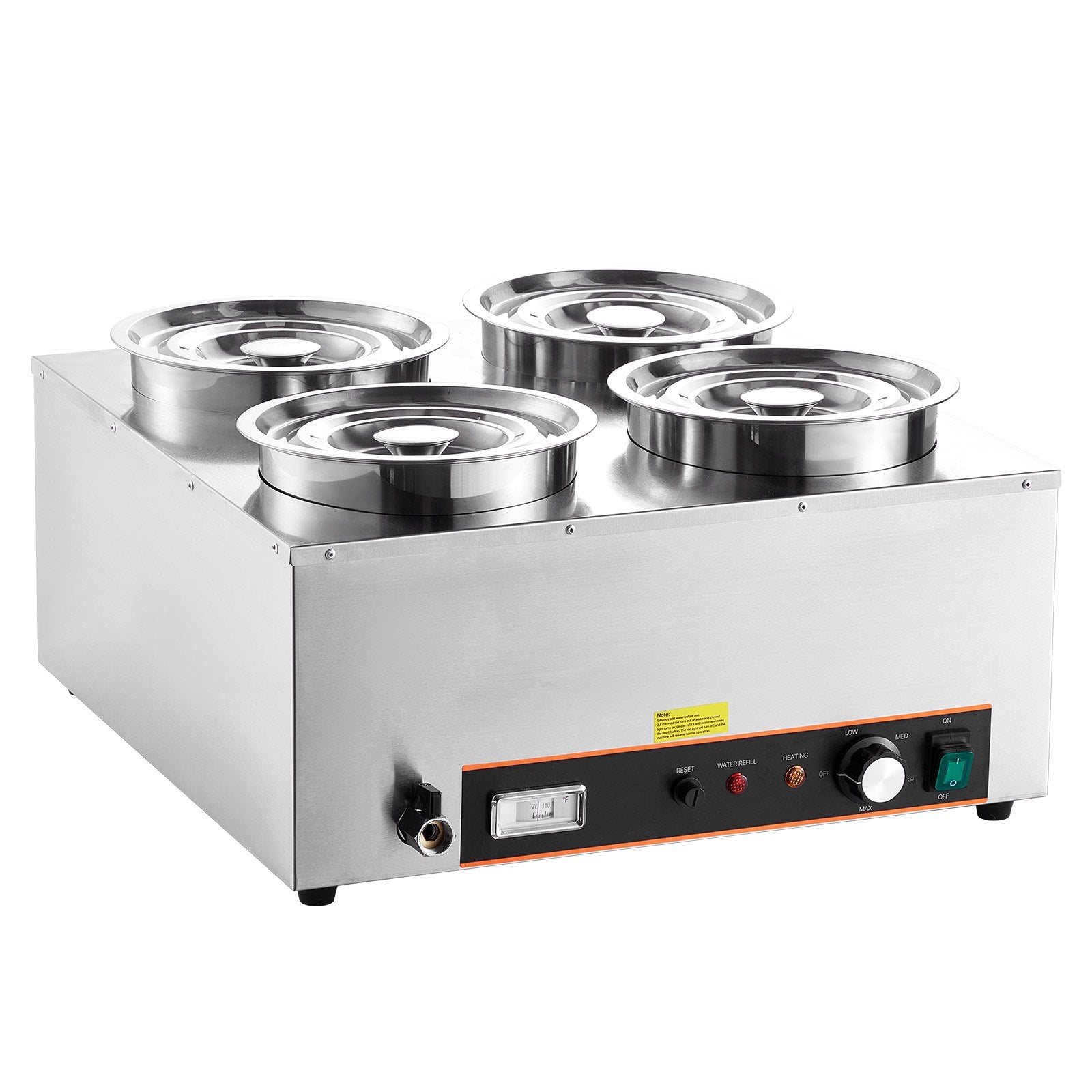 Stainless steel commercial soup station with four inset pots, lids, a front control panel, and temperature gauge.