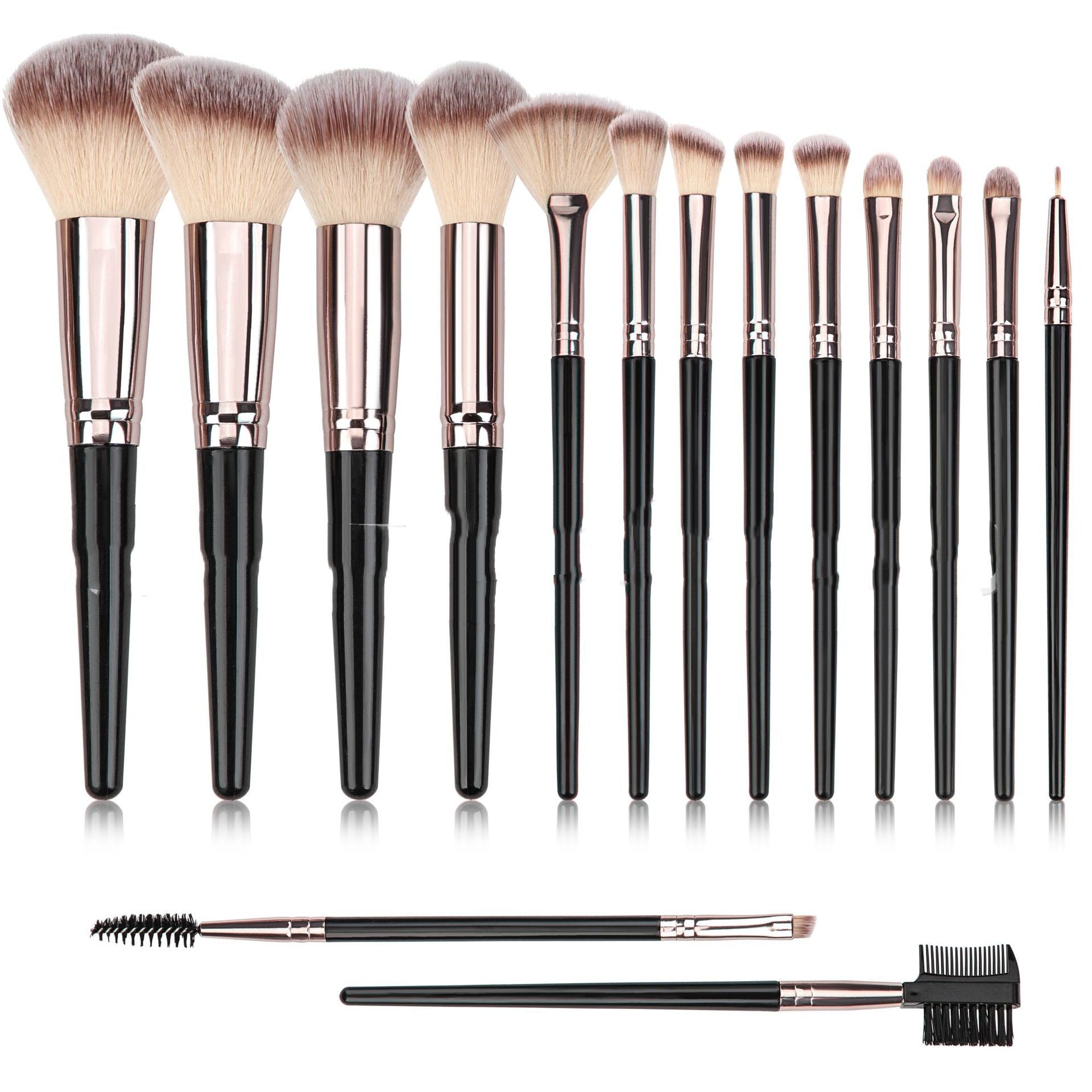 Set of 12 makeup brushes with black handles, rose gold ferrules, and soft brown/white synthetic bristles.