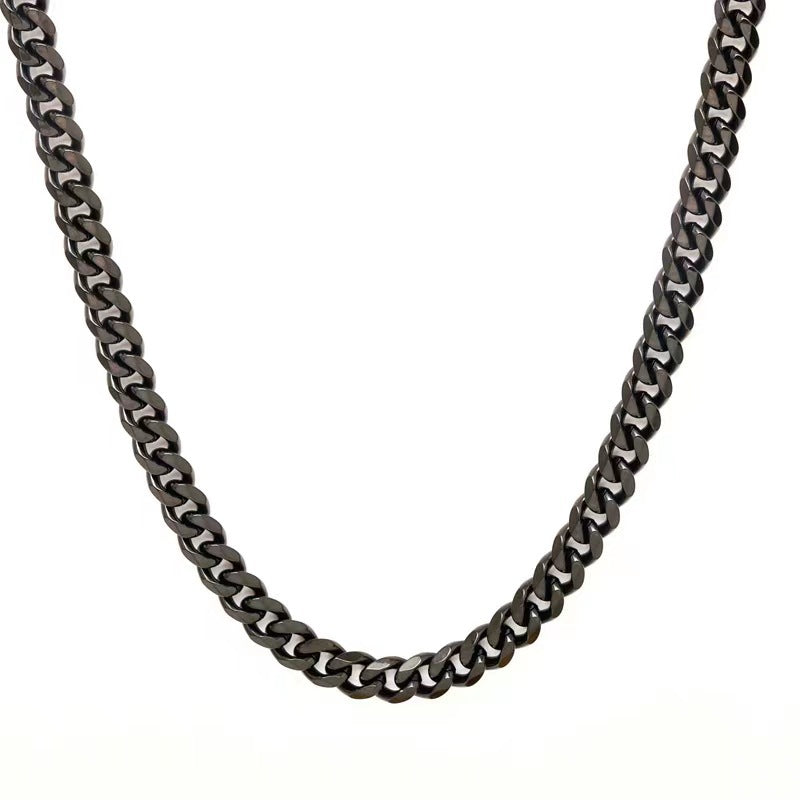 Gunmetal black Cuban link chain necklace with polished metallic finish and interlocking oval links.