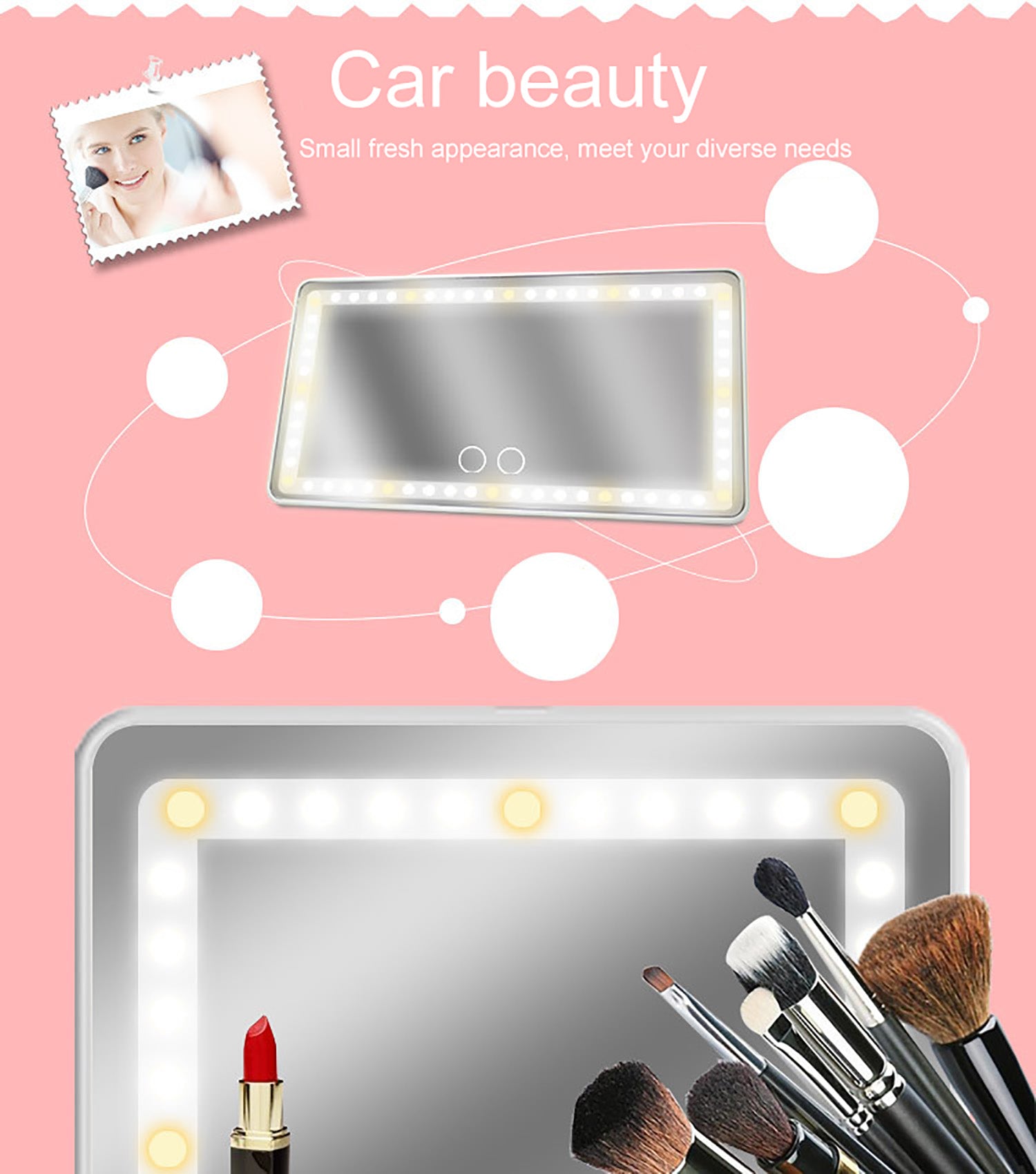 Rectangular car sun visor mirror with LED touch lights on a pink background, featuring makeup brushes and lipstick.