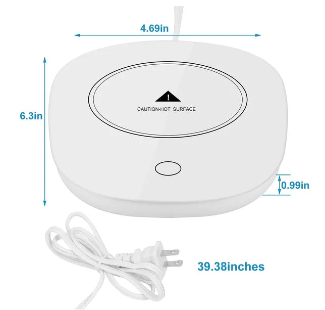 White, square-edged electric coffee mug warmer with a "Caution-Hot" heating plate, power button, and power cord.