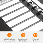 Close-up of Pilates reformer springs and metal frame with icons highlighting 11 strength levels and included cord.