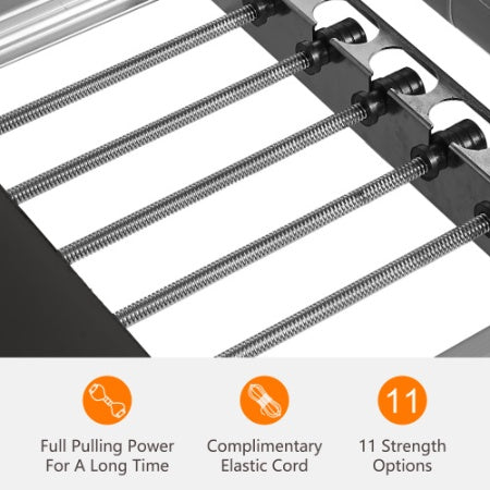 Close-up of Pilates reformer springs and metal frame with icons highlighting 11 strength levels and included cord.