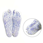 White reflexology socks with blue acupressure point labels and a detailed map of human body organs for foot massage.