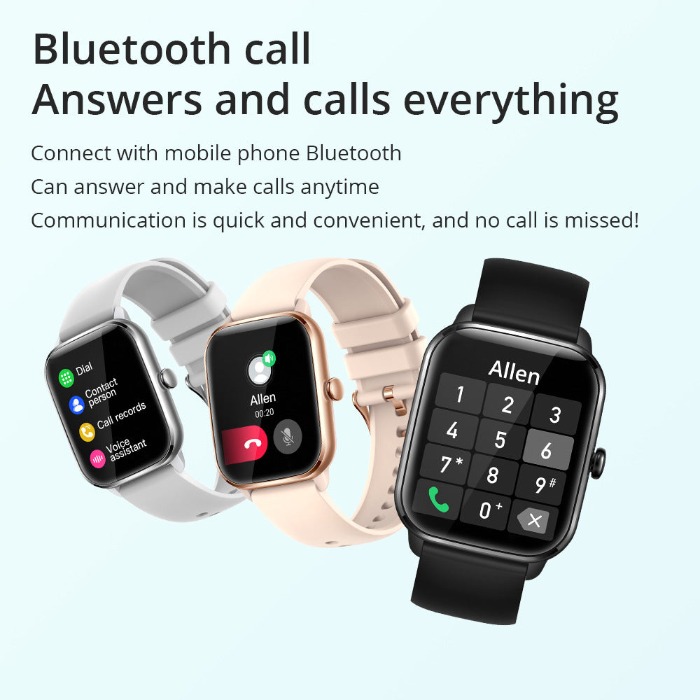 Three smartwatches in white, pink, and black featuring full-touch screens displaying Bluetooth call and dial interfaces.