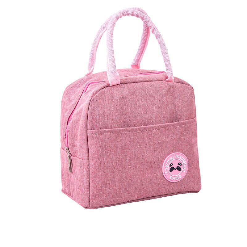 Pink cationic waterproof lunch bag with thermal insulation, zippered closure, front pocket, and pale pink handles.