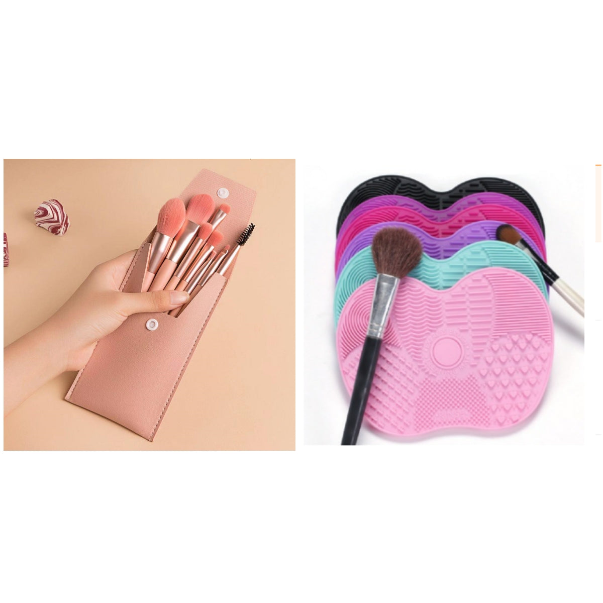 Portable pink makeup brush set in a matching pouch alongside colorful silicone makeup brush cleaning mats.