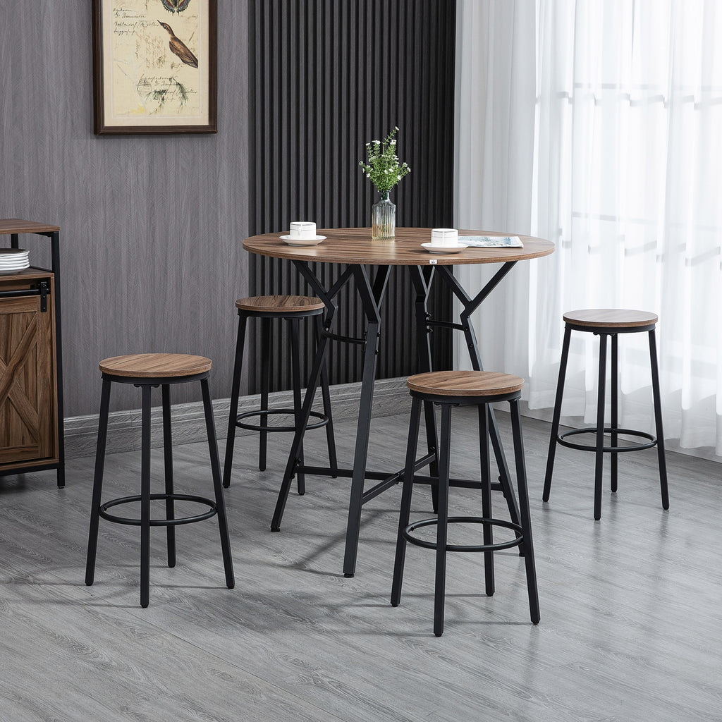 A 5-piece round bar table set with wood-grain tops and black metal frames, featuring four matching stools.