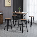 A 5-piece round bar table set with wood-grain tops and black metal frames, featuring four matching stools.