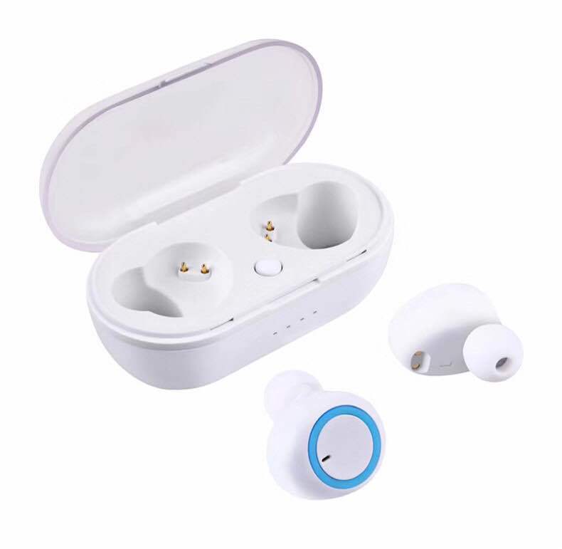 White wireless earbuds with a blue circular ring, next to an open white charging case on a white background.