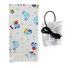 Portable white fabric baby bottle warmer with blue car and toy print, featuring a USB power cable.