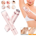 Pink 2-in-1 electric hair remover with dual heads, shown shaving an underarm with before-and-after results.