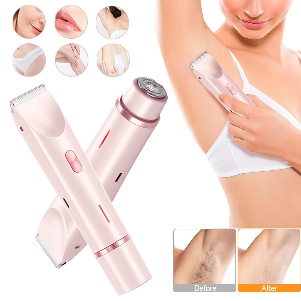 Pink 2-in-1 electric hair remover with dual heads, shown shaving an underarm with before-and-after results.