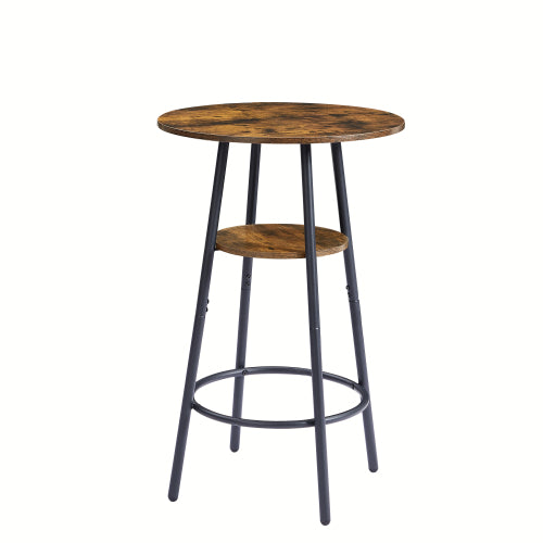 Round bar table with rustic brown wood top and middle shelf, featuring black metal legs and a circular footrest.