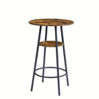 Round bar table with rustic brown wood top and middle shelf, featuring black metal legs and a circular footrest.