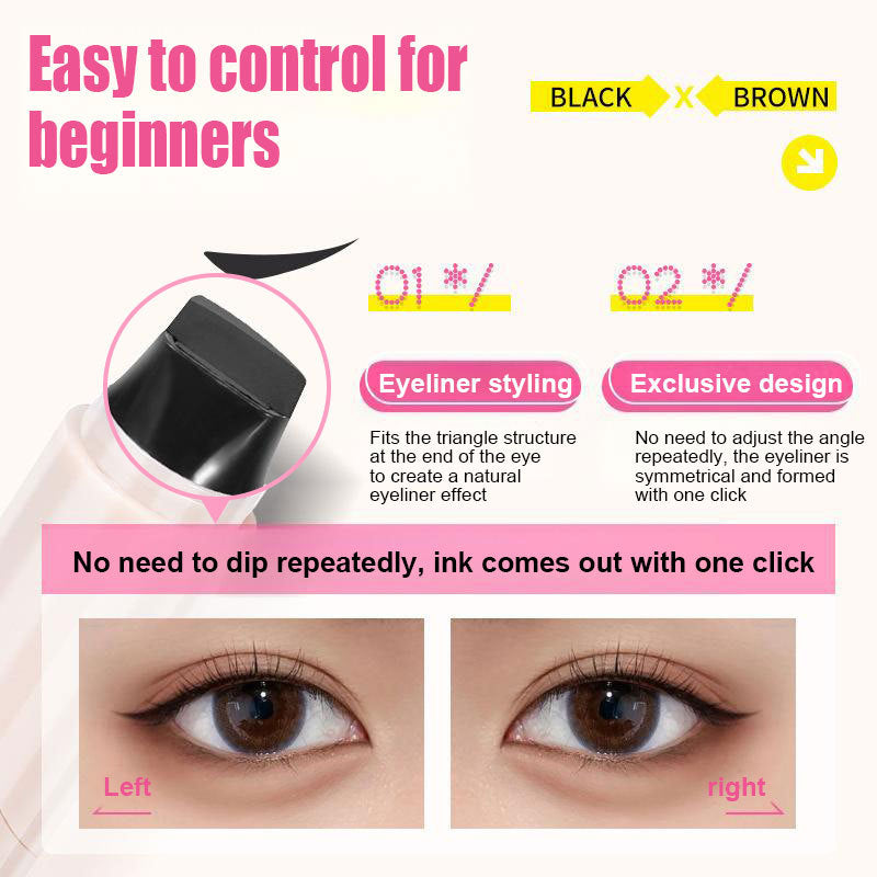 Digitaldistribution375 eyeliner stamp pen with dual-sided black triangular stamp for precise, symmetrical application.