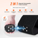 Black fabric red light therapy belt with a magnetic, rechargeable 3000mAh power controller for waist and shoulders.