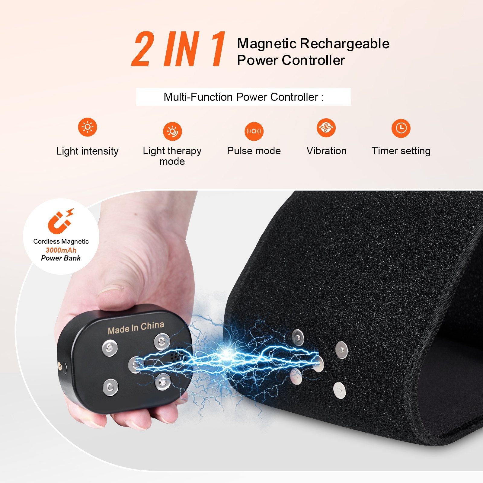 Black fabric red light therapy belt with a magnetic, rechargeable 3000mAh power controller for waist and shoulders.