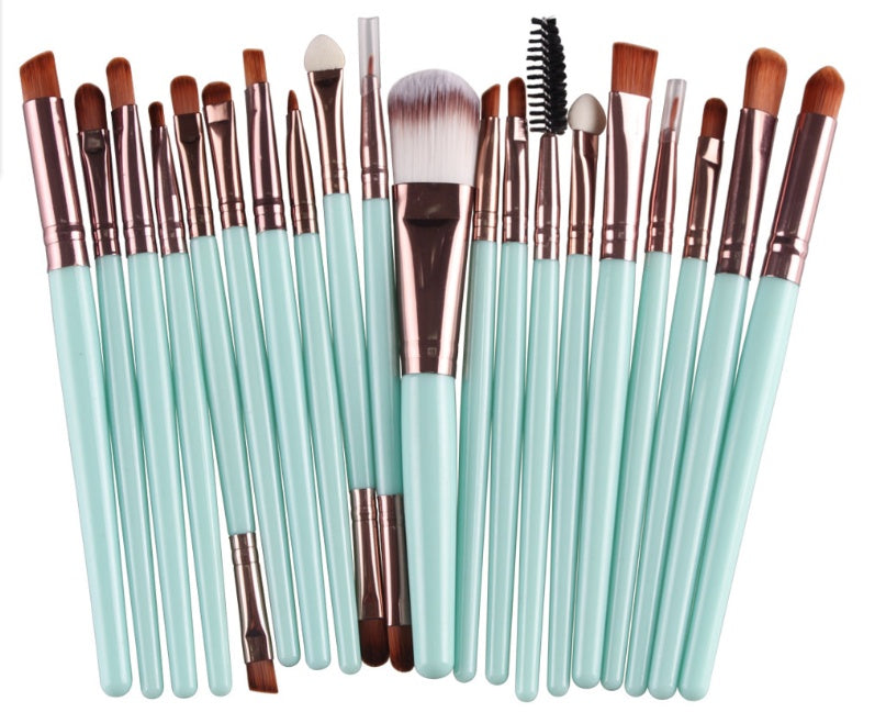 Digitaldistribution375 makeup set: 20 brushes with light blue handles, rose gold ferrules, and soft synthetic bristles.