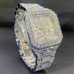 A silver, square-faced hip-hop watch fully encrusted in sparkling crystals with a multi-functional chronograph dial.