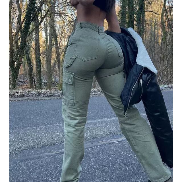 Olive green, high-waisted cargo pants with side pockets and slim-fit, stretchy material, shown from the back.