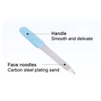 Light blue baby nail file with a smooth handle and carbon steel plated sanding surface. Labeled features.