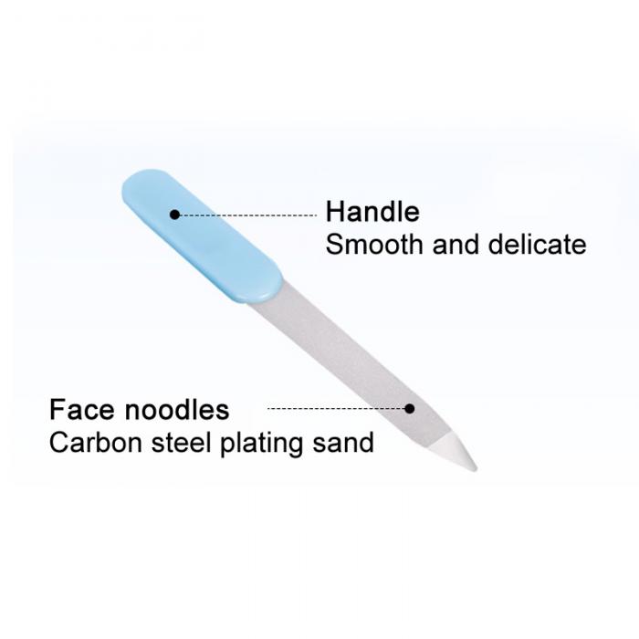 Light blue baby nail file with a smooth handle and carbon steel plated sanding surface. Labeled features.