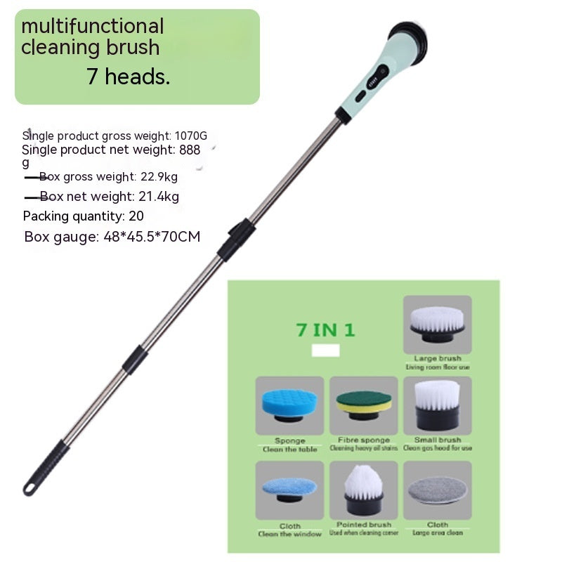 Retractable electric cleaning brush with mint green handle, metal extension rod, and seven interchangeable brush heads.
