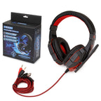 Black and red Digitaldistribution375 gaming headphones with a microphone and braided cable next to the product box.