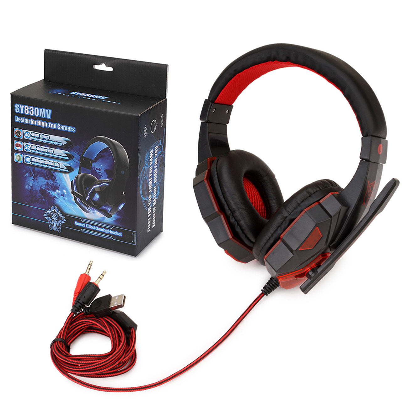 Black and red Digitaldistribution375 gaming headphones with a microphone and braided cable next to the product box.