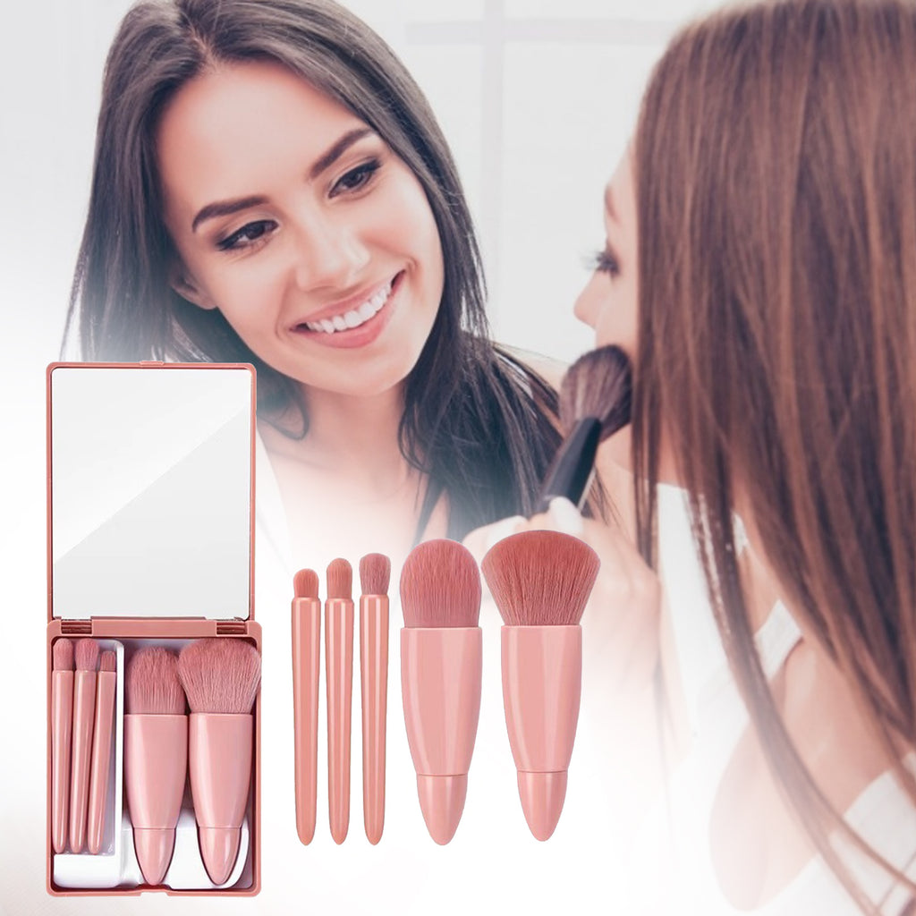 5-piece dusty pink makeup brush set in a mirrored travel case, featuring soft synthetic bristles and ergonomic handles.