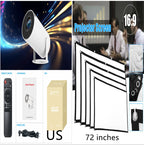 HY300 Pro white portable projector with remote, accessories, and 72-inch 16:9 projection screen kit.