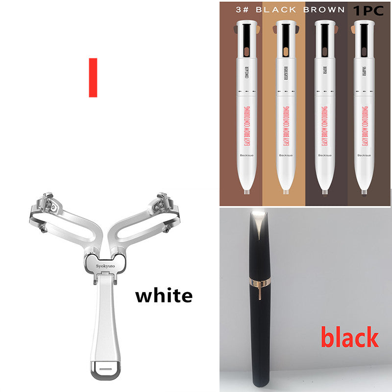 Eyebrow shaping kit featuring a foldable metal stencil, multi-functional contouring pens, and a sleek black trimmer.