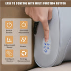 A gray, leather-textured back massager with a fingertip pressing its multi-function control panel with six icons.