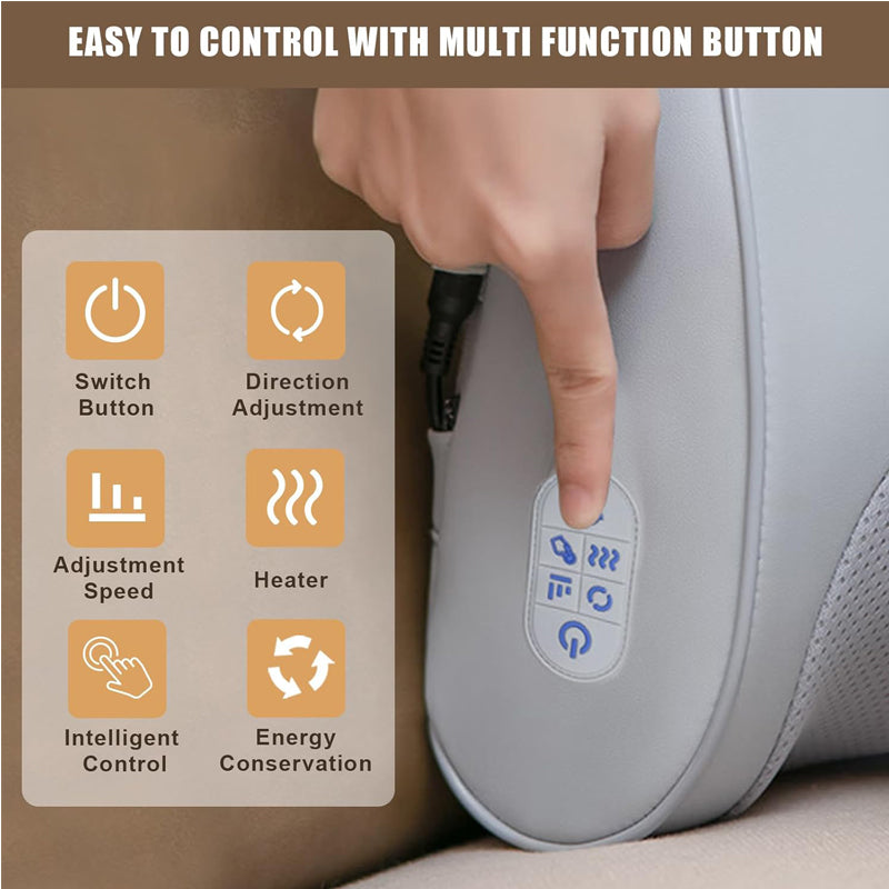 A gray, leather-textured back massager with a fingertip pressing its multi-function control panel with six icons.
