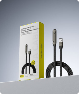 Black braided USB-A to Type-C cable with a foldable, metal-cased phone stand integrated into the charging connector.