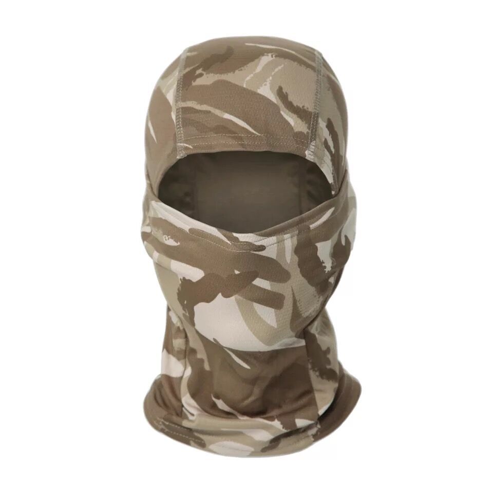 Tactical balaclava in a beige and brown camouflage pattern, featuring a full-face coverage design with a single eye slit.