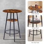 Industrial bar table with rustic brown wood top and shelf, black metal frame, and circular footrest.