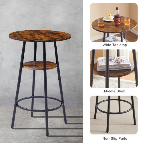 Industrial bar table with rustic brown wood top and shelf, black metal frame, and circular footrest.