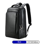 Black leather business backpack with padded straps, multiple zippered compartments, and a sleek, professional design.