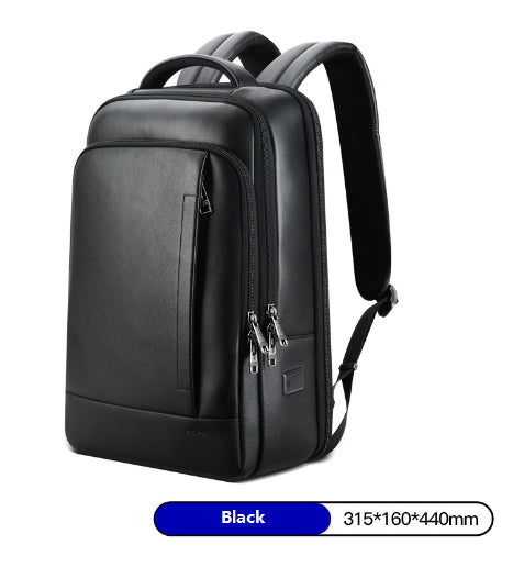 Black leather business backpack with padded straps, multiple zippered compartments, and a sleek, professional design.