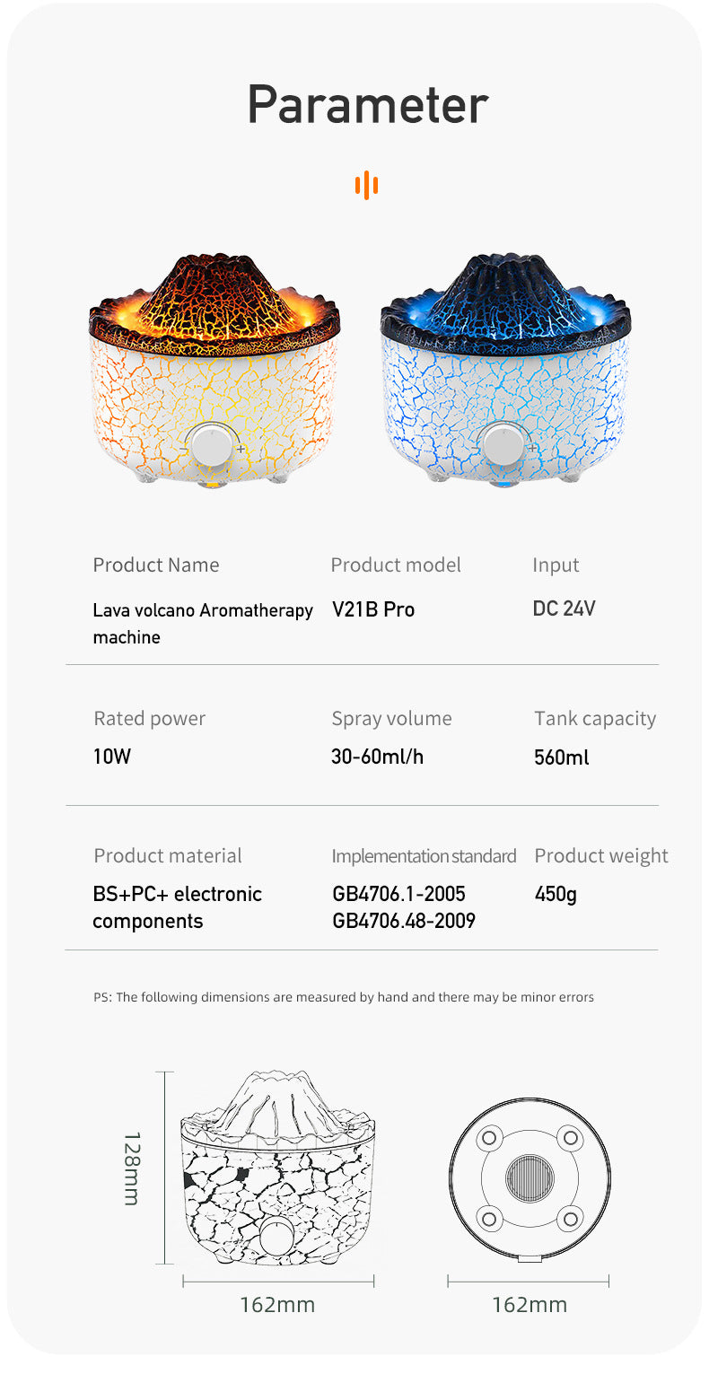 Two volcano-shaped humidifiers with crackle-patterned shells, glowing in orange flame or blue light modes.
