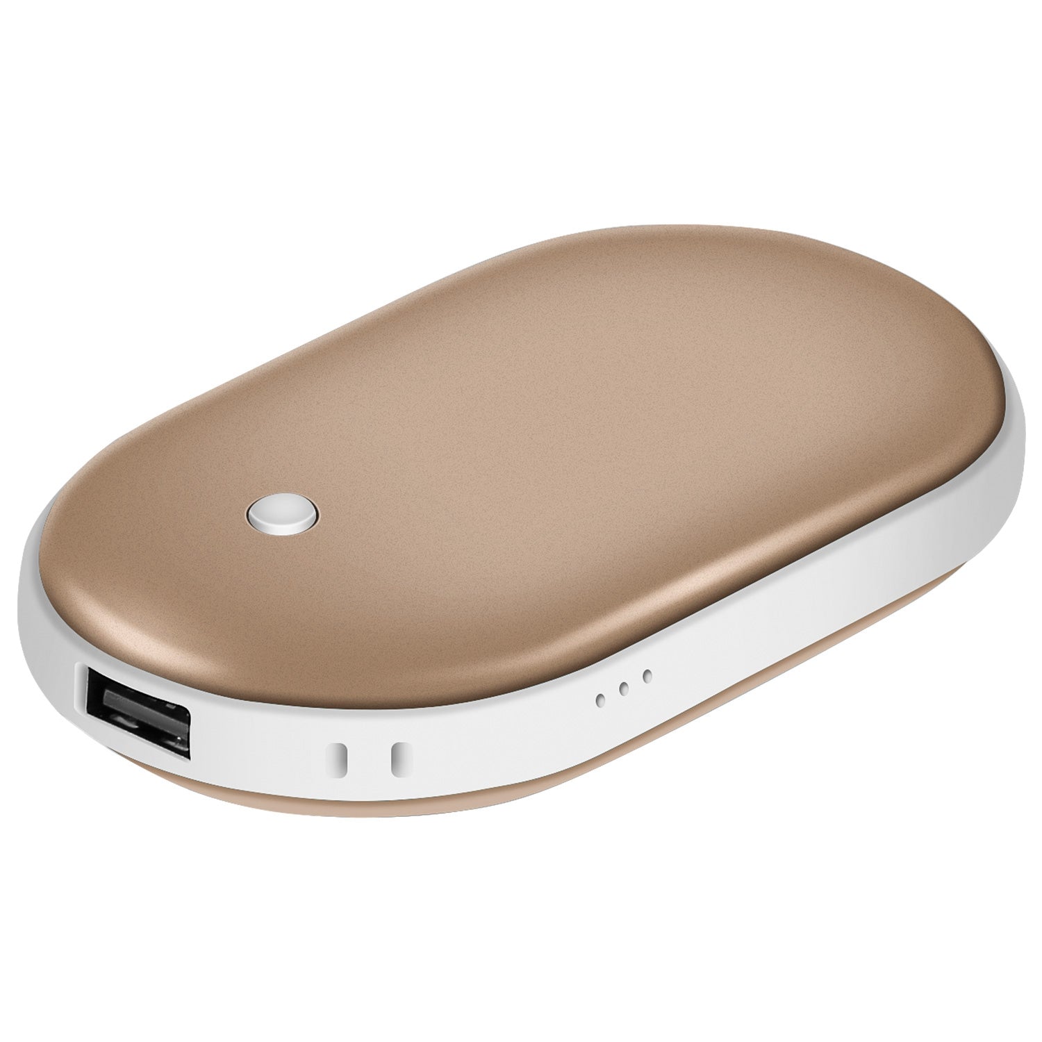 A gold and white oval portable hand warmer with a power button, USB port, and charging indicator lights.