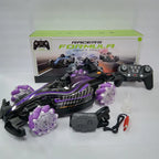 Purple and black F1 RC car with light-up wheels, remote controller, gesture sensor, charger, and display box.