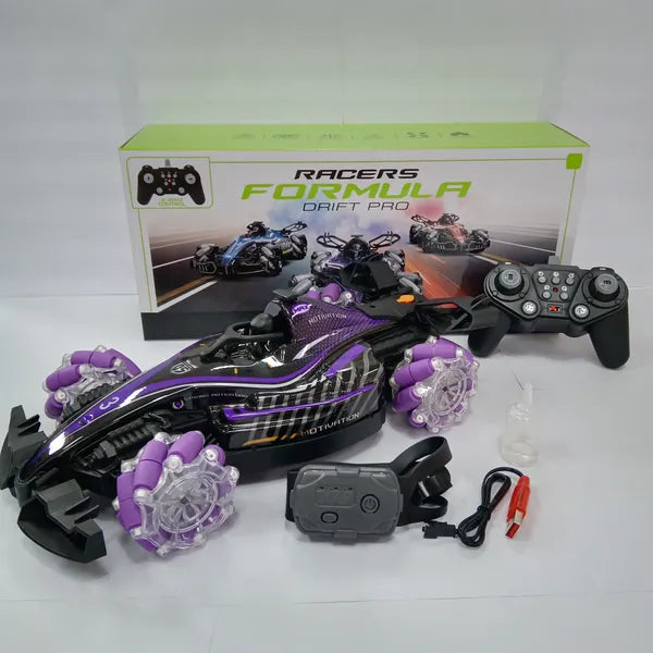 Purple and black F1 RC car with light-up wheels, remote controller, gesture sensor, charger, and display box.