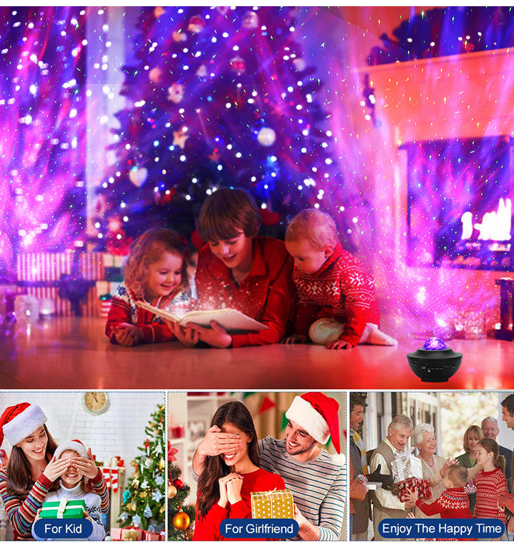 USB music-playing LED projector creates colorful galaxy lighting in a festive living room with family at Christmas.