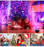 USB music-playing LED projector creates colorful galaxy lighting in a festive living room with family at Christmas.