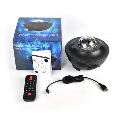 Black LED starry projector with remote, USB cable, manual, and branded box on a white background.