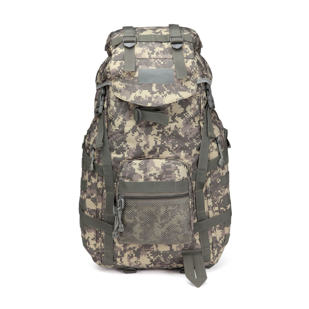 60L digital camouflage hiking backpack with adjustable straps, top lid, and front mesh zip pocket on a white background.