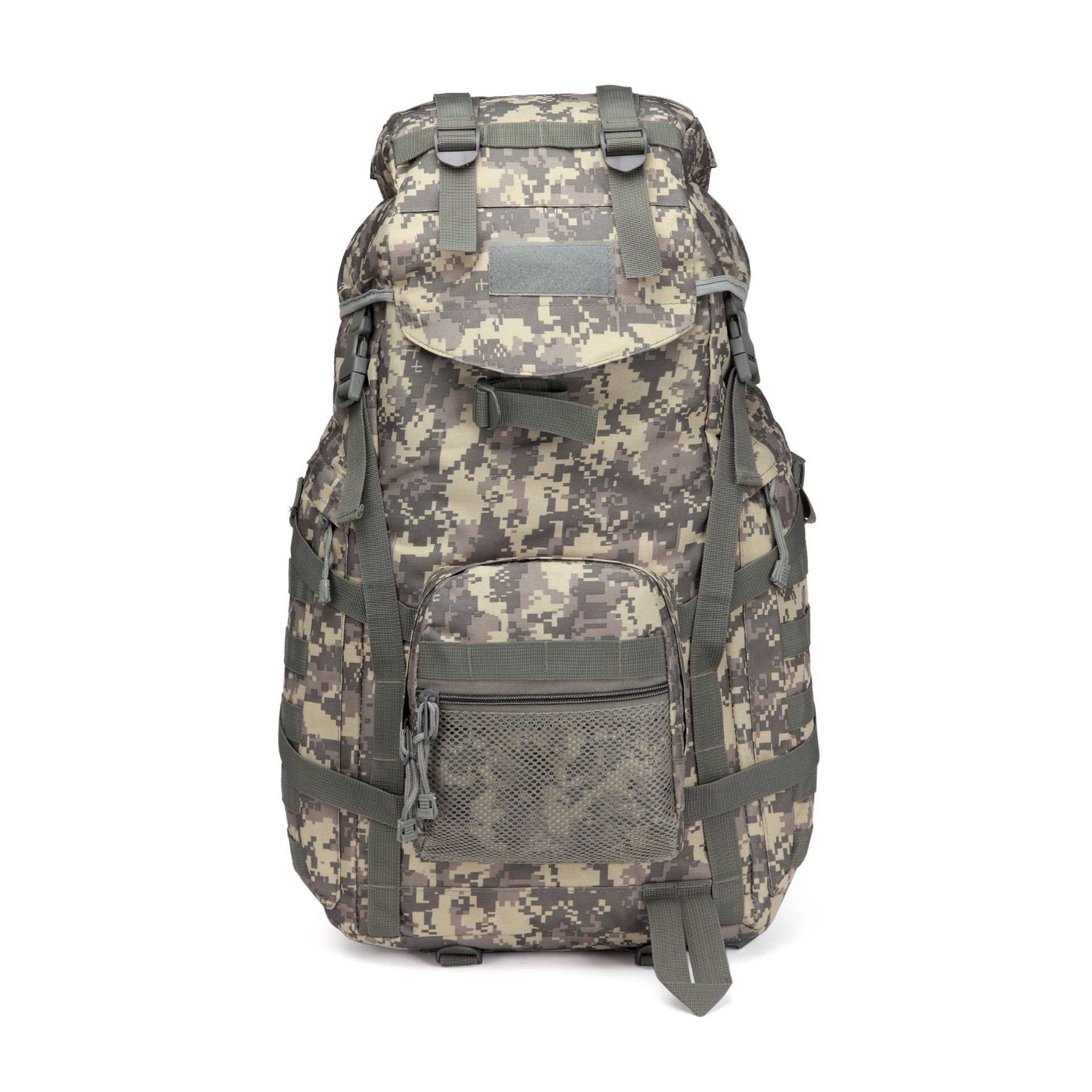60L digital camouflage hiking backpack with adjustable straps, top lid, and front mesh zip pocket on a white background.
